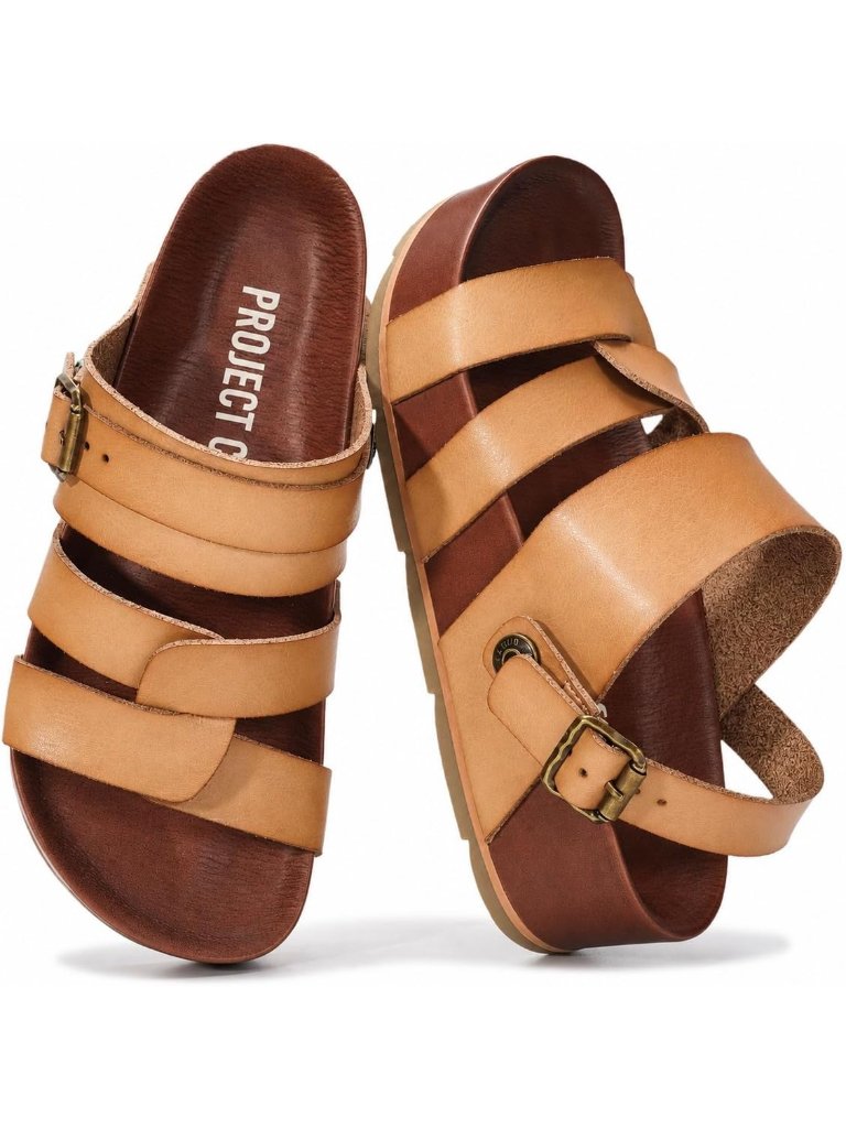 Women Light Brown Strappy Wedges With Comfortable Plush Soft Insole Lightweight